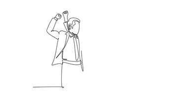 Self drawing animation of single line draw young startup founders and CEO raised their fist into the air to celebrate their success got fund from investor. Continuous line draw. Full length animated video