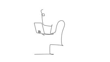 Self drawing animation of single line draw young happy CEO holding laptop to read business contract agreement. Business deal successful celebration concept. Continuous line draw. Full length animated video