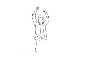 Self drawing animation of single line draw young startup founders and CEO raised their fist into the air to celebrate their success got fund from investor. Continuous line draw. Full length animated video