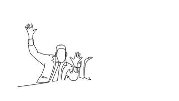 Animated self drawing of continuous line draw young happy business man and business woman celebrate their success to deal new business agreement. Business meeting. Full length single line animation video