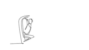 Animated self drawing of continuous line draw of young happy business man sitting in front of laptop and celebrate his business big deal. Business agreement celebration. Full length one line animation video