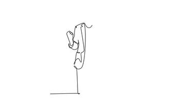 Animated self drawing of continuous line draw young happy business man standing and fist hands to the air to celebrate new business contract agreement. Business deal. Full length single line animated video