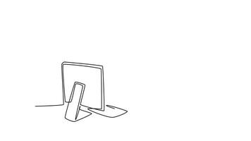 Animated self drawing of continuous line draw young happy male manager sitting on chair and clenched fist raised in the air in front of computer. Success business deal. Full length one line animation video