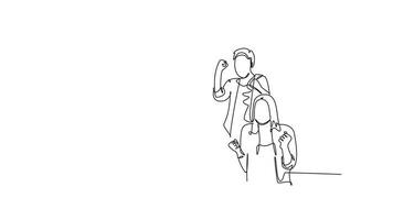 Self drawing animation of single line young happy business man and business woman sitting in front of laptop and celebrating their success. Team work goal. Continuous line draw. Full length animated video