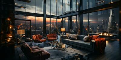 Interior Design modern Living room, windows show stunning view of the city skyline, Empty room apartment, AI Generative photo