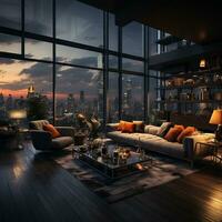 Interior Design modern Living room, windows show stunning view of the city skyline, Empty room apartment, AI Generative photo