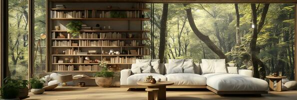 Interior Design, Minimalistic Living room with serene nature view, Beautiful villa design in the forest, AI Generative photo