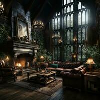 Interior Design, Beautiful Living room Gothic Style, Luxury Mansion, Elegant tall window, AI Generative photo