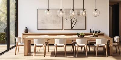 Minimal dining room, bright dining area, interior design, AI Generative photo