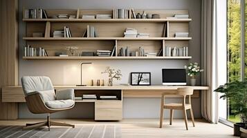 Contemporary furnished home office, comfortable office, workspace with desk and chair, stylish interior design, AI Generative photo