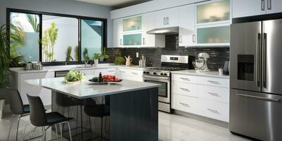 Sleek furnished kitchen, stylish Beautiful cooking area, interior design, AI Generative photo