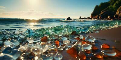 Beautiful Glass Beach, colorful pebbles, Fantasy seascape, dreamy atmosphere, AI Generative photo