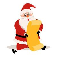 Santa Claus keeps a long wish list of gifts. Vector illustration.