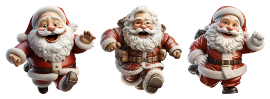 collection 3d Illustration of santa claus characters, cheerful, running and jumping and celebration symbol icons, isolated on transparent background, generative ai png