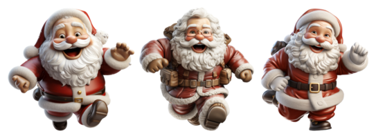 colección 3d ilustración de Papa Noel claus caracteres, alegre, corriendo y saltando y celebracion símbolo iconos, aislado en transparente fondo, generativo ai png