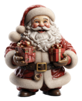 3d Illustration von Santa claus Charakter halten ein Geschenk Kasten, isoliert auf transparent Hintergrund, generativ ai png