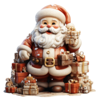 3d illustration of santa claus character with gift box, celebration icon element, isolated on transparent background, generative ai png