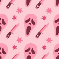 Pink Halloween seamless pattern vector illustration. Pink print in flat style. Halloween lettering quote. Vector illustration