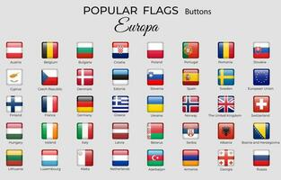 40 buttons flags of European countries. Europe flag icon set. 3d square design. Official coloring. Vector isolated