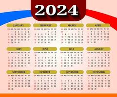 2024 One page wall calendar design template, modern 12 months one page calendar. Modern wall calendar design 2024. Print Ready One Page wall calendar template design for 2024. Week starts on Sunday. vector