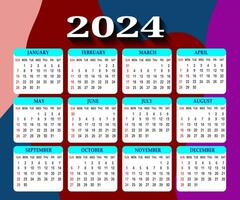 2024 One page wall calendar design template, modern 12 months one page calendar. Modern wall calendar design 2024. Print Ready One Page wall calendar template design for 2024. Week starts on Sunday. vector