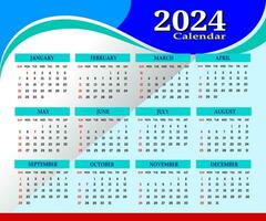 2024 One page wall calendar design template, modern 12 months one page calendar. Modern wall calendar design 2024. Print Ready One Page wall calendar template design for 2024. Week starts on Sunday. vector