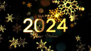 2024 Happy new year gold text with glow snowflakes video