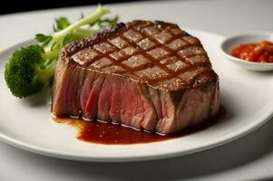 Grilled beef steak on a white plate with sauce and garnish photo