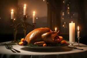 Thanksgiving dinner with roasted turkey and candles on table in dark room photo