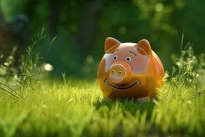Piggy bank on green grass with bokeh background, Piggy bank on the grass, AI Generated photo