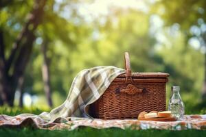 Picnic basket with checkered blanket on green grass in park, Picnic Basket with napkin on nature background, AI Generated photo