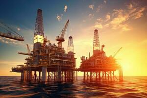 petróleo y gas plataforma en el mar a puesta de sol. 3d prestar, petróleo y gas industria antecedentes. petróleo y gas plataforma o plataforma para producción petróleo productos, ai generado foto