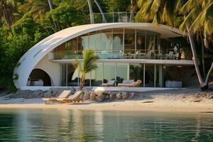 Tropical beach with palm trees, white sand, sunbeds and umbrella, Photograph of large lagoon beach with minimalist architectural white slate beach house. A swooping rounded roof, AI Generated photo