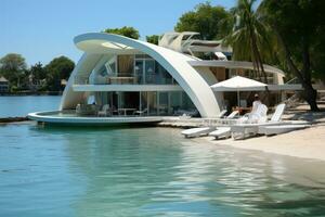 Luxury villa on the beach in Cayo Largo, Cuba, Photograph of large lagoon beach with minimalist architectural white slate beach house. A swooping rounded roof with glass paneling, AI Generated photo