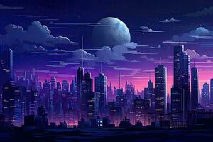 noche ciudad paisaje con rascacielos y Luna. vector ilustración, noche paisaje urbano con Alto edificios y rascacielos, ai generado foto
