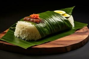 arroz con pescado y vegetales en un plátano hoja en un negro fondo, nasi lemak envuelto en banan hoja. malasio comida y Malasia bandera, ai generado foto