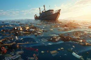 Fishing boat in the sea. Global warming concept. 3d rendering, Pile of garbage and waste in the sea. Pollution of environment concept, AI Generated photo