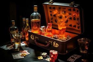 dado, whisky y tarjetas en un negro antecedentes. casino concepto, ahora el solamente cosa un jugador necesidades es un maleta y un maletero y el solamente hora infierno ser satisfecho es cuando él es todas ebrio, ai generado foto