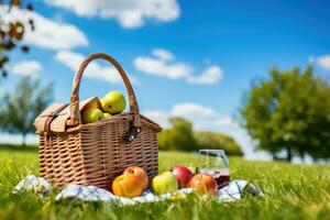 Picnic basket with apples and juice on green grass in sunny day, Picnic basket has a lot of food on green grass with blue sky in park.There are milk ,apples ,oranges, AI Generated photo