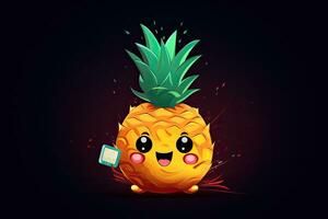 Pineapple character with happy expression. Vector illustration on a dark background, pinaple hacking toll attacking wifi, AI Generated photo