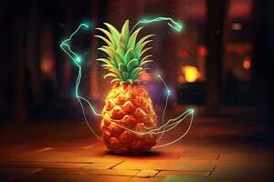 ilustración de un naranja piña en un oscuro antecedentes con neón luces, piña hackear Peaje agresor Wifi, ai generado foto