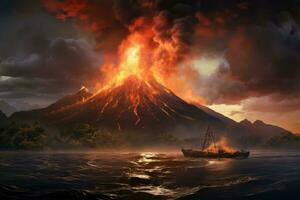 Volcanic eruption with ship on the water. 3D rendering, Photo of the volcanic eruption Krakatoa, AI Generated
