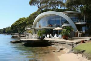 Beach cafe in the coast of the island of Tenerife, Photograph of large lagoon beach with minimalist architectural white slate beach house. A swooping rounded roof with glass paneling, AI Generated photo