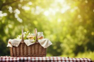 Picnic basket with bread and jam on tablecloth in summer garden, Picnic Basket with napkin on nature background, AI Generated photo