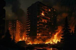 Burning house in the middle of the forest. Fire in the city, Night fire. Apartment is burning, AI Generated photo