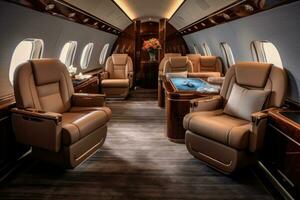 Interior of the airplane with leather seats. 3D rendering, nterior of luxurious private jet with leather seats, AI Generated photo