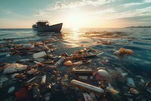 basura en el mar a puesta de sol. concepto de ambiental contaminación, pila de basura y residuos en el mar. contaminación de ambiente concepto, ai generado foto