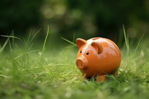 Piggy bank on green grass with bokeh background, Piggy bank on the grass, AI Generated photo