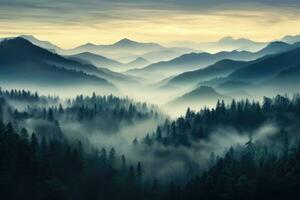 paisaje con niebla en el montañas. amanecer en el montañas, foto realista ilustración de montañas bosque niebla Mañana místico, ai generado