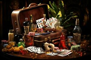 Poker background. Vintage suitcase with playing cards and chips on the table, Now the only thing a gambler needs Is a suitcase and a trunk And the only time he'll be satisfied, AI Generated photo